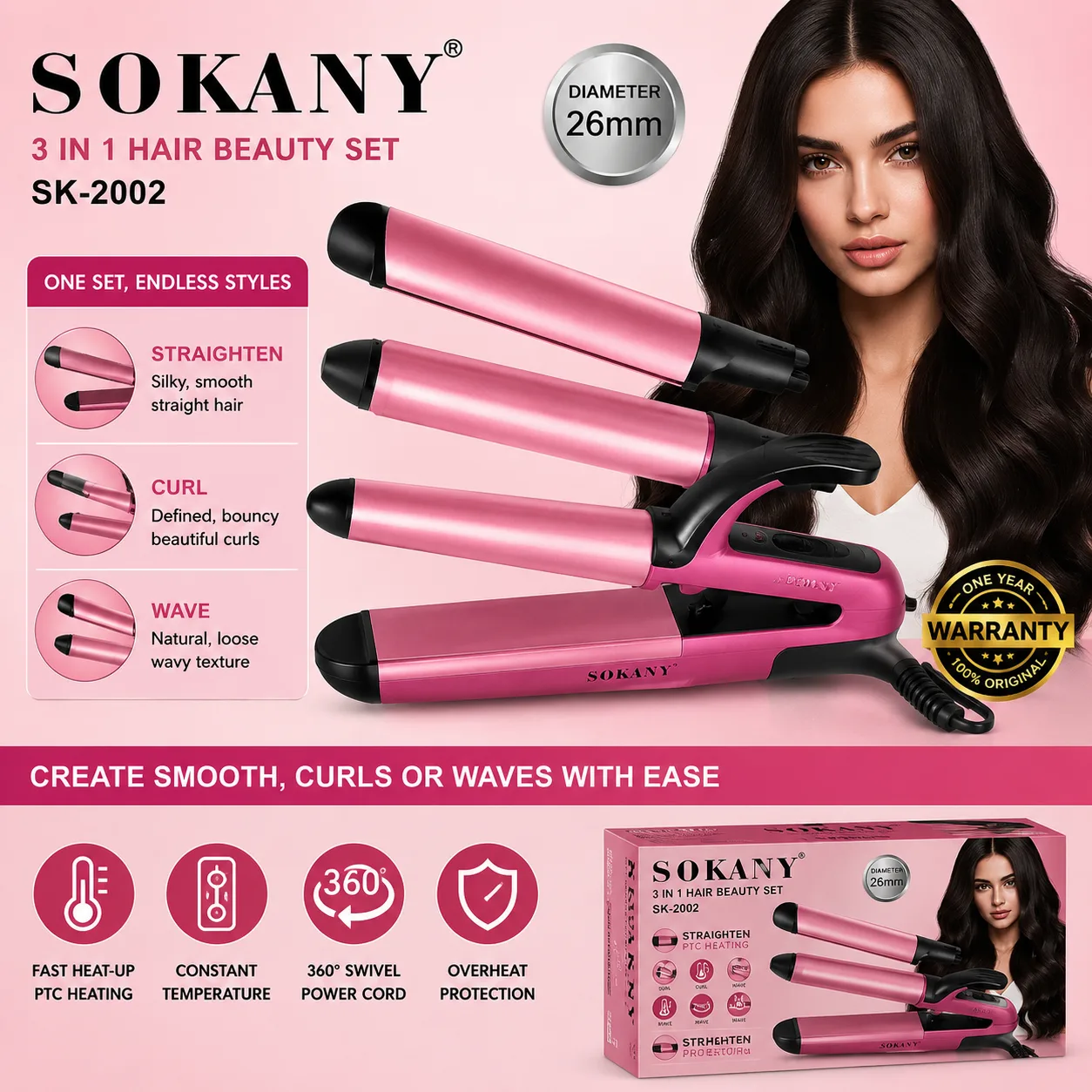 3 in 1 Hair Straighter, Curl And Wave 