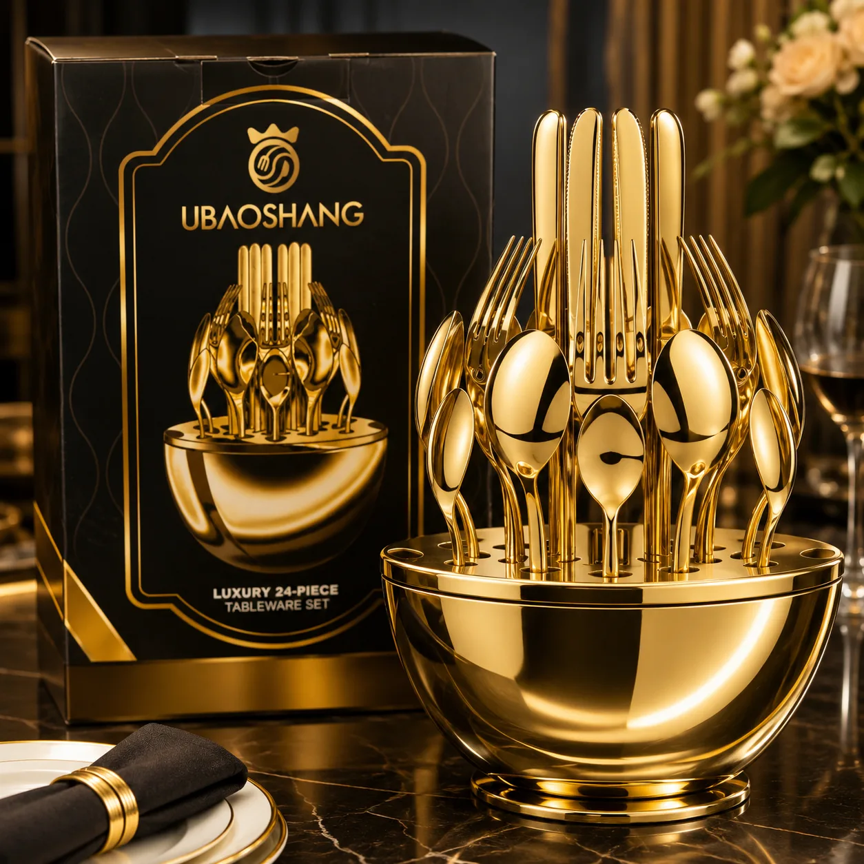 24-Piece Luxury Gold Cutlery Set with Storage Stand