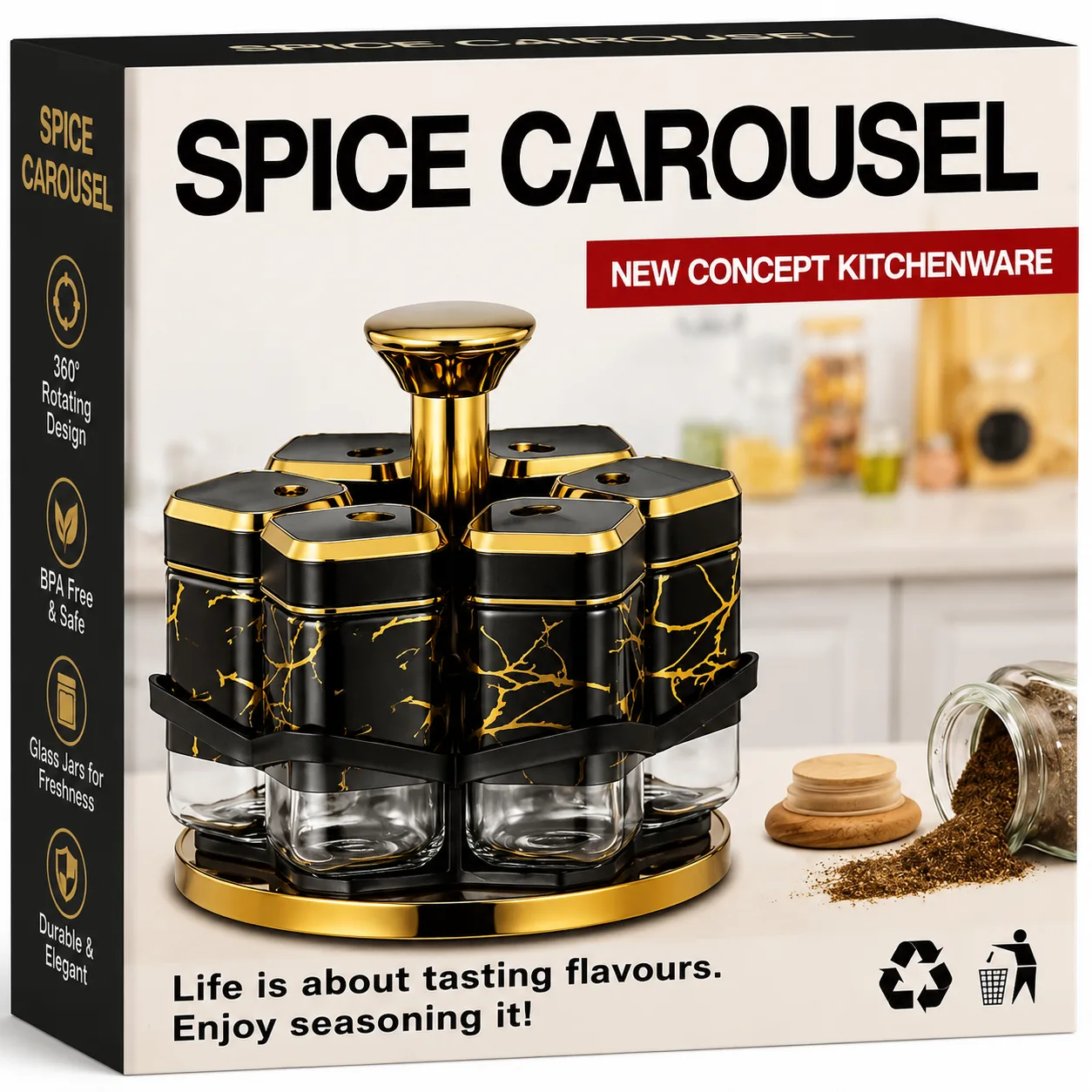 6-Piece Glass Spice Carousel with Rotating Stand – Black & Gold Spice Rack