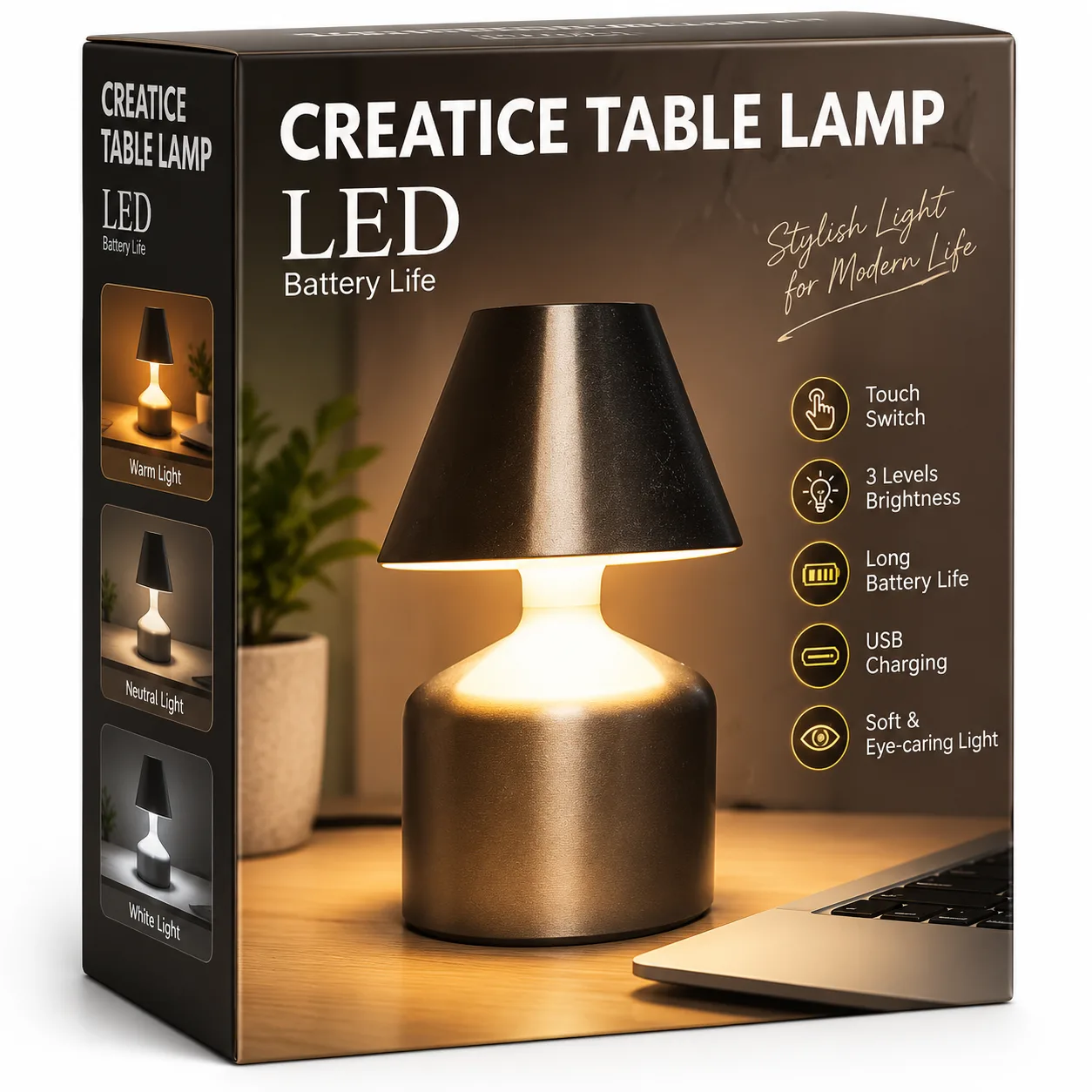 Rechargeable LED Touch Table Lamp – Cordless USB Bedside Lamp with 3 Brightness Levels