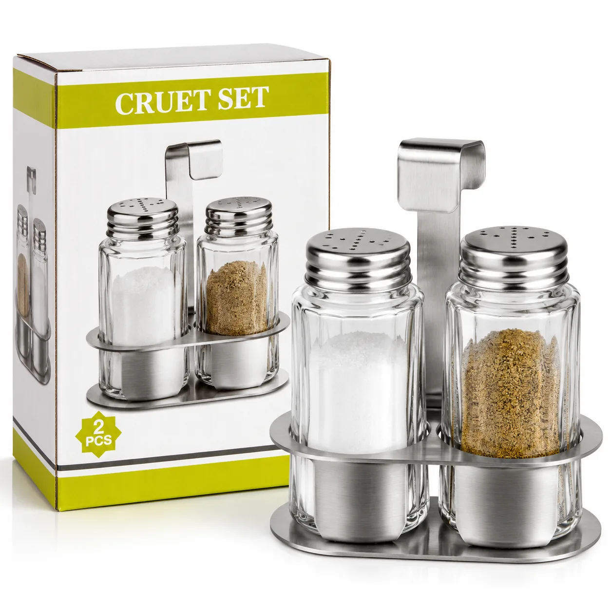 2-Piece Glass Cruet Set with Stainless Steel Holder – Salt & Pepper Shakers
