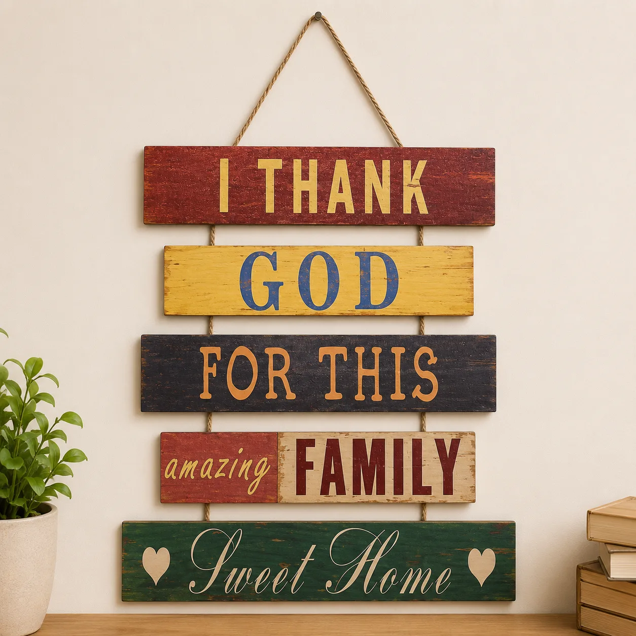 Rustic Wooden Hanging Wall Plaque – "Thank God for This Amazing Family, Sweet Home"