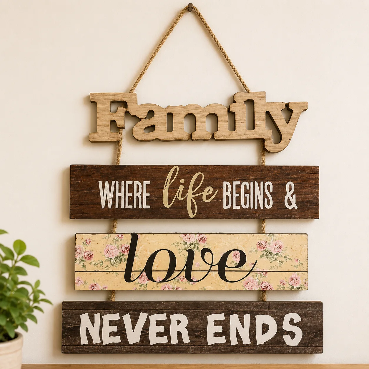 Rustic Wooden "Family – Where Life Begins & Love Never Ends" Wall Hanging