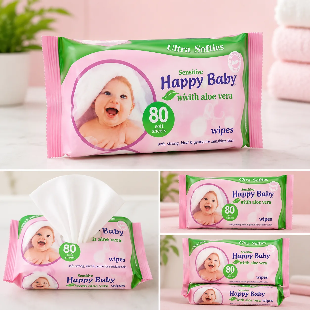 Happy Baby Sensitive Wet Wipes with Aloe Vera (80 Sheets) 2