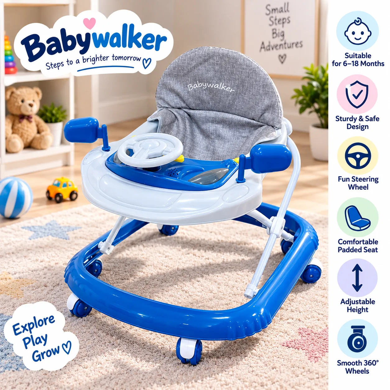 Baby Walker with Adjustable Height & 360° Wheels