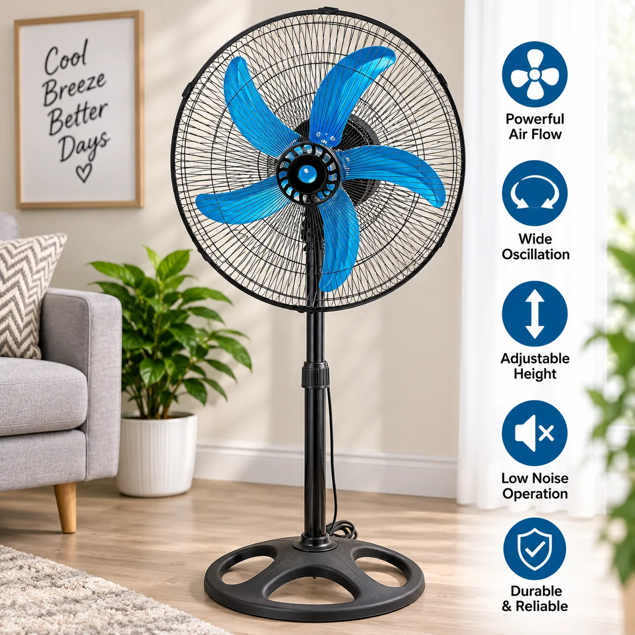 Adjustable Standing Fan – Powerful & Quiet Cooling