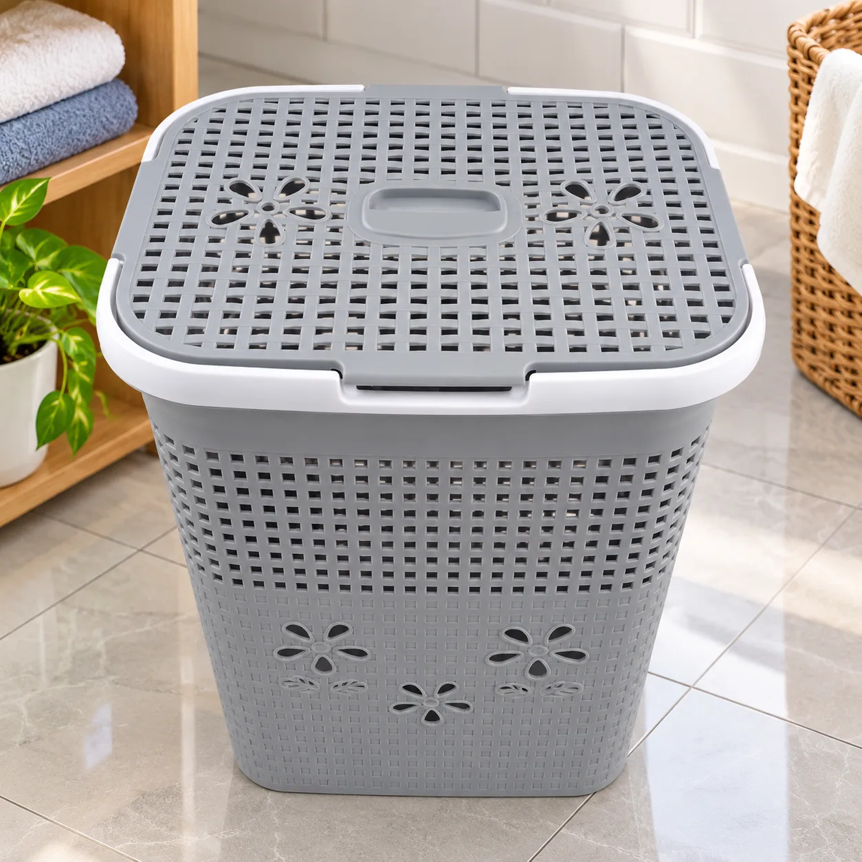 Large Gray Plastic Laundry Basket with Lid